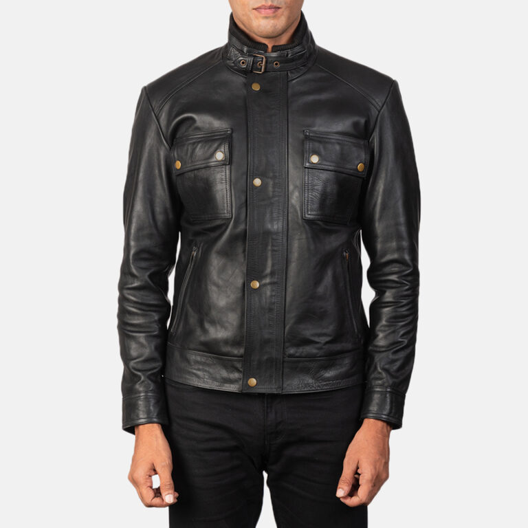 Mens Darren Black Leather Jacket Close Front-4-1685015095376